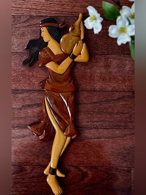 Vintage Hand Crafted 3D Intarsia 🌺 Wood Wall Art Woman Girl With Gourd